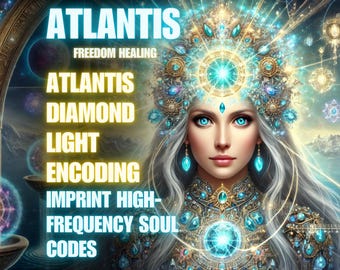 May include: Digital art featuring a woman with long silver hair and blue eyes, adorned with ornate jewelry and a crown. The image includes text that reads "Atlantis," "Diamond," "Light," "Encoding," and "High-Frequency Soul Codes."