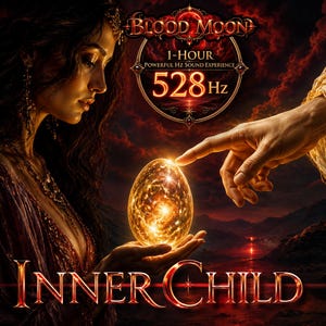 Può includere: Un uovo dorato, luminoso e testurizzato tenuto tra le mani, con un dito che ne tocca la superficie. Il testo recita BLOOD MOON, 1-HOUR POWERFUL HZ SOUND EXPERIENCE, 528Hz e INNER CHILD. La scena presenta uno sfondo scuro e drammatico con nuvole rosse.