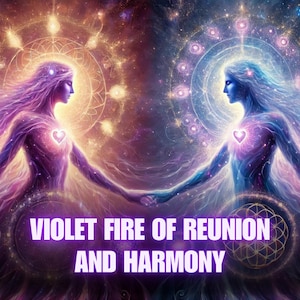 Puede incluir: Ilustración digital de dos figuras etéreas, una púrpura y otra azul, tomadas de la mano. Están rodeadas de luz celestial y elementos cósmicos. El texto "VIOLET FIRE OF REUNION AND HARMONY" se muestra en la parte inferior.
