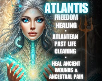 May include: Digital art featuring a woman with long silver hair and bright blue eyes. The image includes the text "ATLANTIS" and other words related to healing and past lives. A golden trident and a figure are in the background.