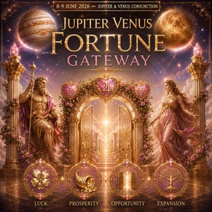 以下が含まれることがあります： JUPITER VENUS FORTUNE GATEWAY 8-9 JUNE 2026と題されたデジタルイラスト。中央の黄金のアーチの両脇にジュピターとヴィーナスの像が配置され、上部には天体、下部にはLUCK、PROSPERITY、OPPORTUNITY、EXPANSIONと記された4つの円形アイコンが描かれています。