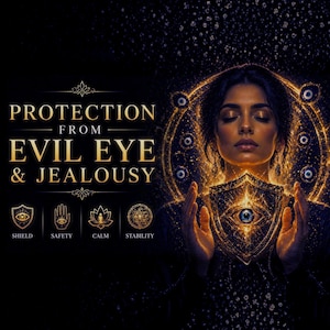 May include: Digital art featuring a woman with closed eyes, surrounded by a golden aura with eye symbols. The image includes text that reads "PROTECTION FROM EVIL EYE & JEALOUSY" and icons representing shield, safety, calm, and stability.