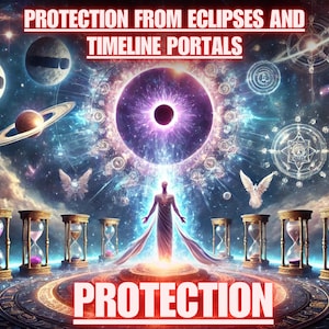 May include: Digital art depicting a cosmic scene with planets, celestial bodies, and a central figure. The image features hourglasses, a glowing figure, and text that reads "PROTECTION FROM ECLIPSES AND TIMELINE PORTALS" and "PROTECTION". The color palette includes blues, purples, and golds.