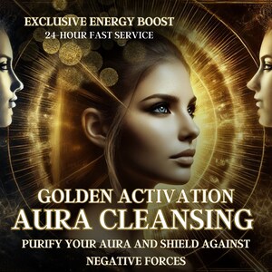 Op de afbeelding: Digitale kunst met een vrouwenprofiel met blauwe ogen, omringd door gouden energie en etherische figuren. Tekst bevat "EXCLUSIVE ENERGY BOOST", "GOLDEN ACTIVATION" en "AURA CLEANSING", ter bevordering van aura-zuivering en bescherming.