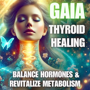 May include: Digital art featuring a woman with closed eyes, surrounded by glowing lights and floral elements. The image includes the text "GAIA THYROID HEALING" and "BALANCE HORMONES & REVITALIZE METABOLISM". A glowing butterfly and energy lines are also present.