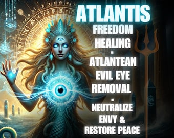 May include: Digital art featuring a mystical woman with glowing blue eyes and a third eye, surrounded by a radiant aura. The image includes the word "ATLANTIS" and phrases like "Freedom, Healing, Evil Eye Removal". A trident is visible.