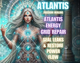 May include: Digital art featuring a woman with long silver hair and blue eyes, adorned with a jeweled crown and intricate clothing. The image includes text that reads "ATLANTIS" and other phrases related to energy healing and grid repair.