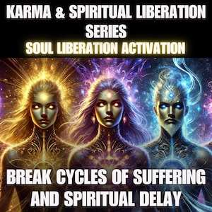 Könnte beinhalten: Digitales Kunstwerk mit fünf ätherischen Figuren mit leuchtender Haut und aufwendigen Mustern. Das Bild enthält den Text "Karma & Spiritual Liberation Series" und "Soul Liberation Activation". Der untere Teil des Bildes lautet "Break Cycles of Suffering and Spiritual Delay".