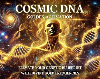 May include: A golden human figure with a glowing DNA strand, surrounded by a cosmic background of stars and galaxies. The text "COSMIC DNA GOLDEN ACTIVATION" is at the top of the image. The text "ELEVATE YOUR GENETIC BLUEPRINT WITH DIVINE GOLD FREQUENCIES" is at the bottom of the image.
