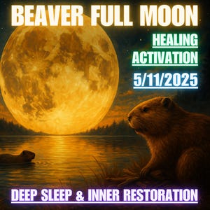 May include: Digital artwork depicting a beaver against a backdrop of a large, luminous full moon above a lake. Text reads "BEAVER FULL MOON," "HEALING ACTIVATION 5/11/2025," and "DEEP SLEEP & INNER RESTORATION."