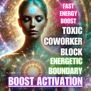 May include: Digital art featuring a woman with closed eyes, surrounded by a glowing aura of light and energy. Text overlay includes phrases like "Fast Energy Boost" and "Boost Activation."