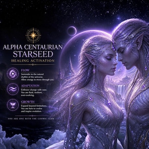 Puede incluir: Arte digital que presenta dos figuras etéreas con orejas puntiagudas, adornadas con intrincadas armaduras y joyas moradas, de pie juntas. El fondo incluye una escena celestial con el texto "ALPHA CENTAURIAN STARSEED HEALING ACTIVATION."