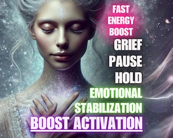 Op de afbeelding: Digitale kunst van een vrouw met gesloten ogen, tegen een kosmische achtergrond. De afbeelding bevat tekst: "Fast Energy Boost, Grief Pause Hold, Emotional Stabilization, Boost Activation."