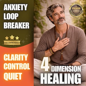 以下が含まれることがあります： 「Anxiety Loop Breaker」と「4 Dimension Healing」を宣伝する画像。ひげを生やした男性とネックレスが特徴です。「Clarity, Control, Quiet」と「Premium Choice」バッジが含まれています。