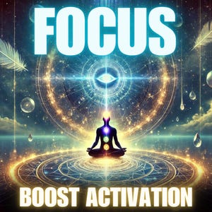 May include: Digital art featuring a meditating figure in a lotus position, surrounded by celestial elements. The word "FOCUS" is at the top, and "BOOST ACTIVATION" is at the bottom. The color palette includes blues, golds, and purples.