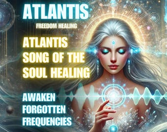 May include: Digital art featuring a woman with silver hair and glowing blue accents. Text reads "Atlantis, Freedom Healing, Song of the Soul Healing, Awaken Forgotten Frequencies." The image has a mystical, ethereal theme.