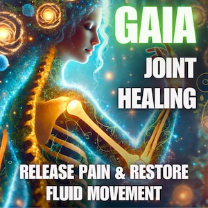 Op de afbeelding: Digitale kunst met een vrouw met gloeiende blauwe en gouden energie, met de tekst "GAIA JOINT HEALING RELEASE PAIN & RESTORE FLUID MOVEMENT". De afbeelding heeft een kosmisch, etherisch thema, met wervelende sterrenstelsels en botanische elementen.