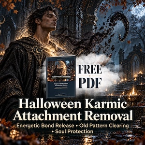 May include: A digital book cover titled Halloween Protection: Prayers, Manifestations & Protection Mantras, featuring a dark-haired figure in a gold-trimmed cloak, with the text FREE PDF and Halloween Karmic Attachment Removal below.