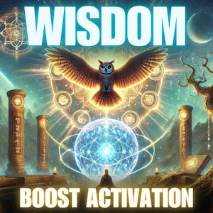 May include: Digital artwork depicting an owl with spread wings above a glowing sphere and a meditating figure. The image includes the words "WISDOM" and "BOOST ACTIVATION" in a celestial, fantasy-themed composition.