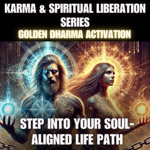 Può includere: Illustrazione digitale di un uomo e una donna con motivi energetici luminosi, con il testo "KARMA & SPIRITUAL LIBERATION SERIES" e "GOLDEN DHARMA ACTIVATION". Il testo in basso dice "STEP INTO YOUR SOUL-ALIGNED LIFE PATH".