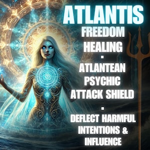 May include: Digital art featuring a woman with long white hair and blue eyes, surrounded by water and glowing light. Text reads "Atlantis, Freedom, Healing, Atlantean Psychic Attack Shield, Deflect Harmful Intentions & Influence."