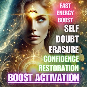 Op de afbeelding: Digitale kunst van een vrouw met blauwe ogen en een derde oog, tegen een kosmische achtergrond. Tekst bevat "Fast Energy Boost, Self Doubt Erasure, Confidence Restoration, Boost Activation."