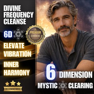 May include: Image promoting spiritual wellness with text reading "Divine Frequency Cleanse" and "Elevate Vibration." A man with gray hair and a beard is featured. The image includes a "Premium Choice" seal and the words "6 Dimension Mystic Clearing."