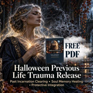 Könnte beinhalten: Ein digitales Buchcover mit dem Titel Halloween Protection, das eine Person mit leuchtendem Licht an der Brust zeigt, umgeben von gotischen Steinbögen, Herbstblättern und Kerzen. Der Text lautet Halloween Previous Life Trauma Release.