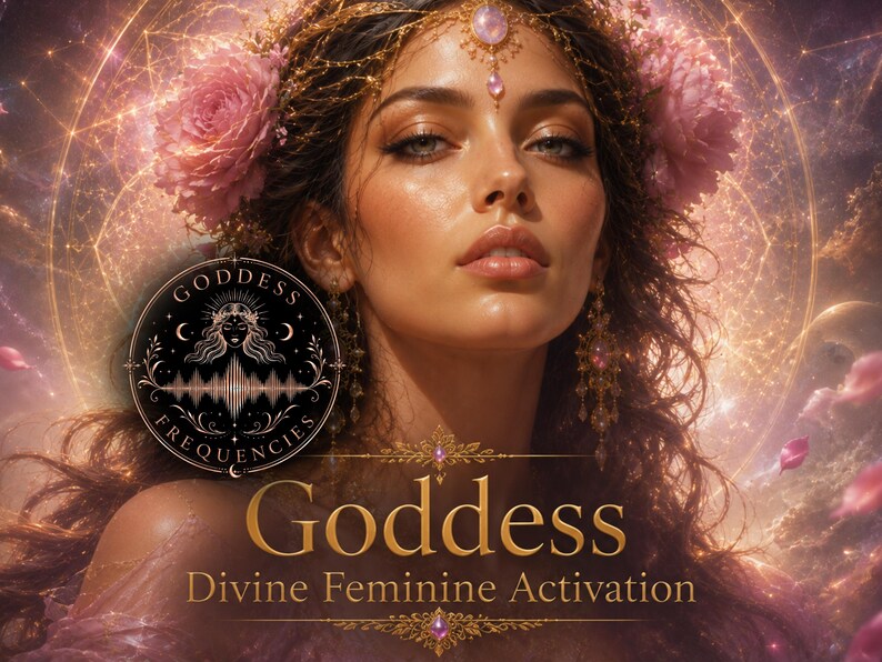 Puede incluir: Un retrato de una persona con cabello largo y ondulado adornado con flores rosas y un tocado dorado. Un emblema circular negro presenta el texto Goddess Frequencies con un gr&aacute;fico de onda sonora. El texto Goddess Divine Feminine Activation aparece debajo.
