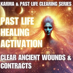 Puede incluir: Imagen digital con el texto "Karma & Past Life Clearing Series". Muestra a una mujer con piel azul y cabello suelto, rodeada de elementos cósmicos y las palabras "Past Life Healing Activation". También incluye el texto "Clear Ancient Wounds & Contracts".