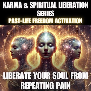 Può includere: Immagine digitale artistica con il testo "KARMA & SPIRITUAL LIBERATION SERIES" e "PAST-LIFE FREEDOM ACTIVATION". L'immagine presenta tre donne con energia luminosa, con il testo "LIBERATE YOUR SOUL FROM REPEATING PAIN".
