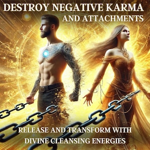 May include: A man and a woman stand in a golden light, breaking free from chains. The text reads "Destroy Negative Karma and Attachments. Release and Transform with Divine Cleansing Energies."