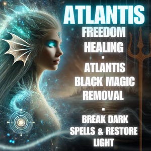 Op de afbeelding: Digitale kunst met een vrouw met vloeiend zilver haar en gloeiende blauwe ogen, versierd met een decoratieve hoofdtooi. De afbeelding bevat het woord "ATLANTIS" en andere tekst: "VRIJHEID, GENEZING, ZWARTE MAGIE VERWIJDEREN, DONKERE SPREUKEN VERBREKEN & LICHT HERSTELLEN."