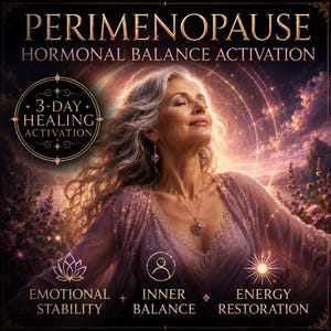 May include: A digital graphic featuring a person with long grey hair, wearing a lavender lace-trimmed top and necklace. Text reads: PERIMENOPAUSE, HORMONAL BALANCE ACTIVATION, 3-DAY HEALING ACTIVATION, EMOTIONAL STABILITY, INNER BALANCE, ENERGY RESTORATION.