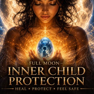 May include: A digital illustration featuring a glowing egg containing a silhouette of a child, held by a figure against a large full moon. Text reads: FULL MOON - INNER CHILD PROTECTION HEAL PROTECT FEEL SAFE. The scene uses gold and blue light.