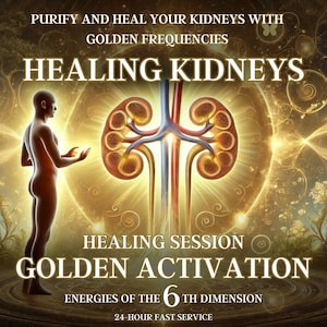 May include: A digital illustration of a human figure standing in front of a pair of kidneys with a golden glow. The text reads "Purify and heal your kidneys with golden frequencies. Healing kidneys. Healing session. Golden activation. Energies of the 6th dimension. 24-hour fast service."
