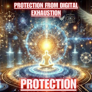 May include: An artistic digital illustration with the words "PROTECTION FROM DIGITAL EXHAUSTION" and "PROTECTION" in red. The image features a meditating figure surrounded by glowing orbs, geometric shapes, and light beams, in shades of gold, blue, and white.