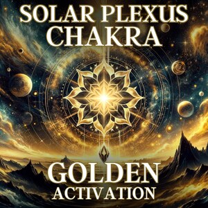 Puede incluir: Un mandala dorado del chakra del plexo solar con el texto "Solar Plexus Chakra" y "Golden Activation" sobre un fondo de paisaje cósmico con planetas y estrellas.