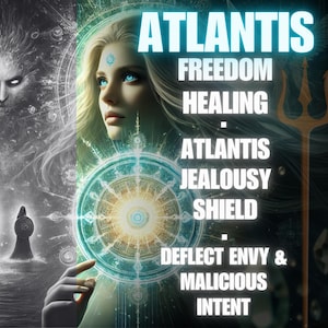 May include: Digital art featuring a woman with blue eyes and blonde hair, surrounded by mystical imagery. The word "ATLANTIS" is prominently displayed, along with other words like "FREEDOM" and "HEALING". A trident is visible on the right.