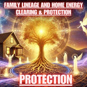 May include: Digital art depicting a house, a tree, and angelic figures, with the text "FAMILY LINEAGE AND HOME ENERGY CLEARING & PROTECTION" and "PROTECTION". The image has a mystical, spiritual theme with vibrant colors and glowing effects.