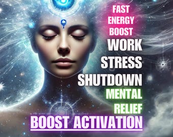 Op de afbeelding: Digitale kunst met een vrouw met gesloten ogen, tegen een kosmische achtergrond. Tekst bevat "Fast Energy Boost Work Stress Shutdown Mental Relief Boost Activation."