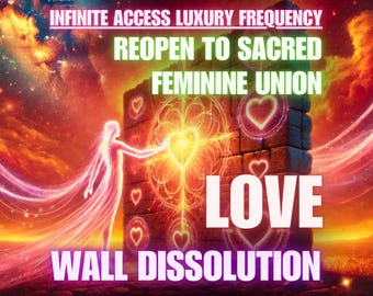 Puede incluir: Obra de arte digital con texto: "INFINITE ACCESS LUXURY FREQUENCY", "REOPEN TO SACRED FEMININE UNION", "LOVE" y "WALL DISSOLUTION". Una figura luminosa se extiende hacia una luz en forma de corazón. El fondo es una escena cósmica.