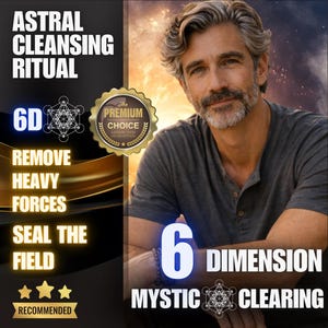 Può includere: Una pubblicità per un Rituale di Pulizia Astrale. L'immagine presenta un uomo con capelli grigi e barba. Il testo include "6D", "Rimuovi Forze Pesanti" e "Sigilla il Campo". Un sigillo d'oro recita "Premium Choice".