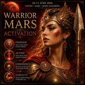 May include: A digital graphic featuring a warrior with a spear, text reading WARRIOR MARS ACTIVATION, 10-11 JUNE 2026, SATURN MARS MOON ALIGNMENT, and four circular icons labeled COURAGE, ACTION, CONFIDENCE, and STRENGTH with associated motivational text.