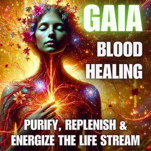 May include: Digital artwork depicting a woman with closed eyes, decorated with flowers, and a network of glowing red lines. The image includes the text "GAIA BLOOD HEALING" and "PURIFY, REPLENISH & ENERGIZE THE LIFE STREAM."