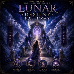 Könnte beinhalten: Eine digitale Illustration mit dem Titel LUNAR DESTINY PATHWAY zeigt eine Person in einem fließenden violetten Kleid vor einer Steintreppe, die zu einem leuchtenden Portal unter einem Vollmond führt. Text: 10-11 JUNE 2026 SATURN MARS MOON ALIGNMENT.