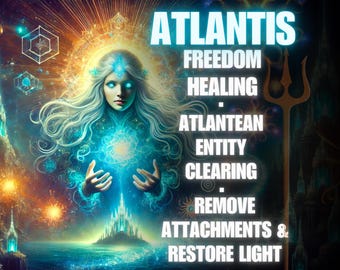 May include: Digital art featuring a woman with long, flowing white hair and glowing blue eyes, surrounded by celestial elements. The image includes text that reads "Atlantis, Freedom, Healing, Atlantean Entity Clearing, Remove Attachments & Restore Light."