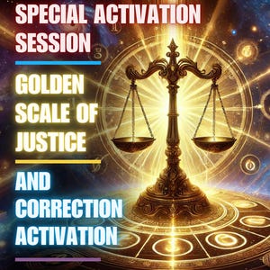 May include: An artistic digital image featuring a golden scale of justice, set against a cosmic background with astrological symbols. Text overlay reads "SPECIAL ACTIVATION SESSION" and "GOLDEN SCALE OF JUSTICE AND CORRECTION ACTIVATION".