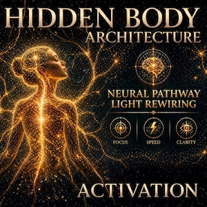 May include: Digital art featuring a glowing figure with a network of golden lines, with the text "HIDDEN BODY ARCHITECTURE" at the top. Below, it reads "NEURAL PATHWAY LIGHT REWIRING" with icons for Focus, Speed, and Clarity. The word "ACTIVATION" is at the bottom.