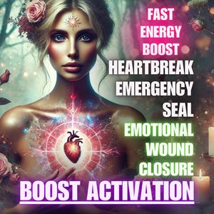 May include: Digital art featuring a woman with floral hair and a glowing heart design. Text includes "Fast Energy Boost," "Heartbreak Emergency Seal," and "Emotional Wound Closure." Candles and roses add to the mystical theme.